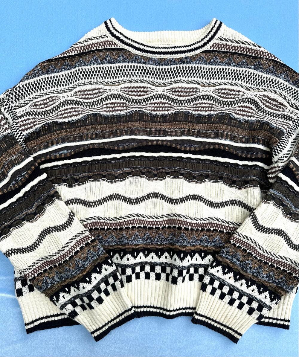 Cotton On Mens XL 3D Knit Sweater Vintage Coogi Style Textured Earth Tone Stripe
